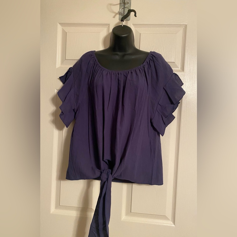 Navy Ruffle Sleeve Women's Top